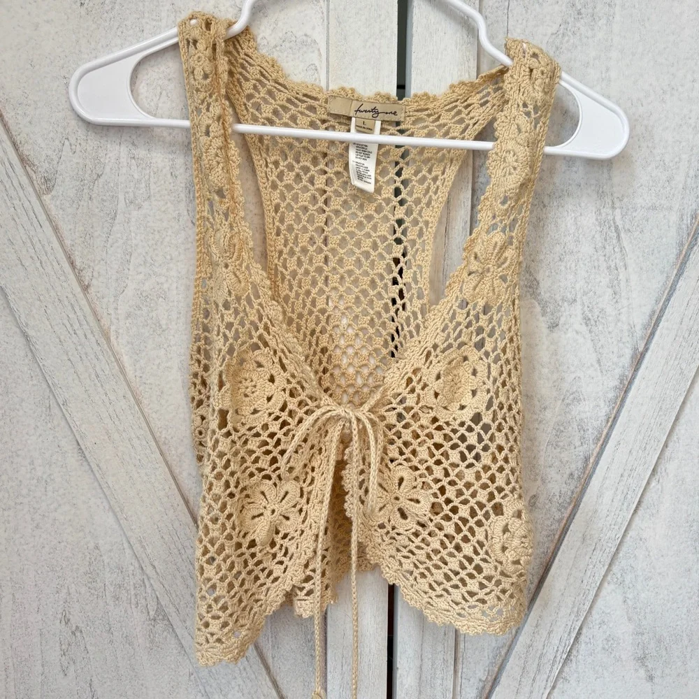 Twenty One Boho Crochet Open Front Vest Vest Top Women’s Size Large Beige - Picture 1 of 6